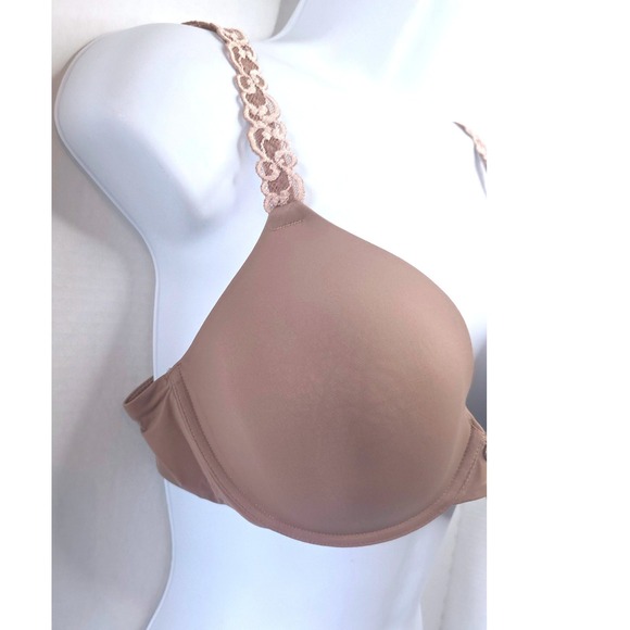 Natori Feathers Contour Plunge Bra 36C Tan Cafe Lace Strap Underwire 730023 - Picture 3 of 8
